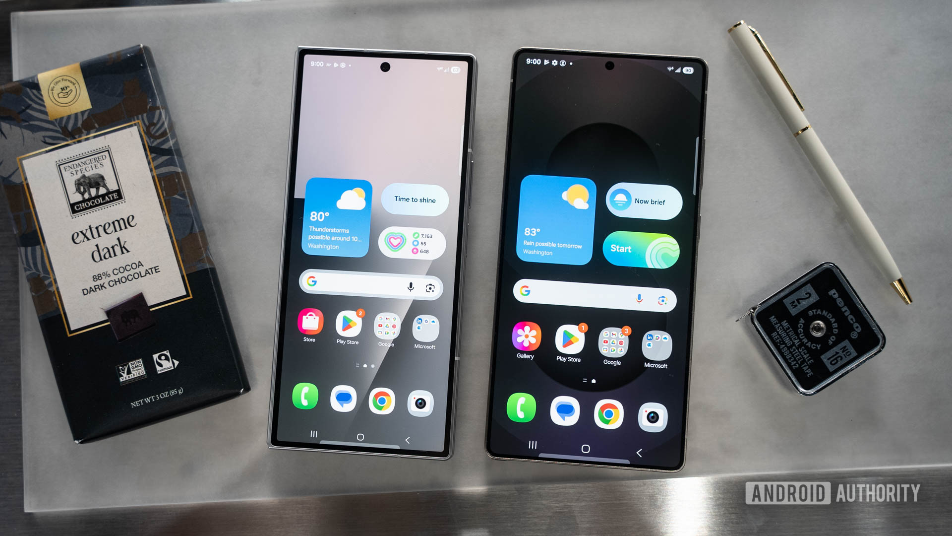 Samsung Galaxy Z Fold 7 next to Galaxy S25 Ultra showing home screens of both